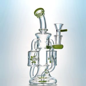 Propeller Perc Glass Water Bongs 9 Inch Double Recycler Unique Bong 14mm Joint Water Pipes Oil Dab Rigs Green Purple Hookah