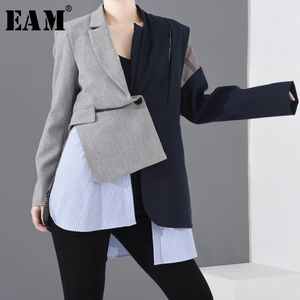 [eam] 여성 블루 체크 무늬 비대칭 큰 크기 블레이저 새로운 옷깃 긴 소매 느슨한 맞는 자켓 패션 봄 가을 1N90102 201023