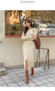 تصميم جديد للنساء O-neck Long Sleeve Wood Wool Beige Beige Thicking Warm High Weist Front Vent Jag Sweater Dress SML