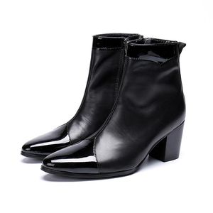 Botas de homem pontilhadas dedos 7.5cm saltos altos preto botas de couro genuíno homens zip cavaleiro botas de festa para homens botá masculina