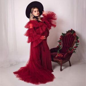 Red Maternity Nightgowns Ruffles Puffy Long Sleeve Sleepwear for Photoshoot Boudoir Lingerie Bathrobe Nightwear Baby Shower