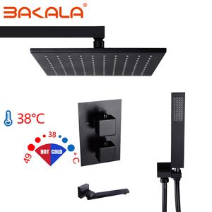 Bakala Black Brass Thermostatic Faucts 욕실 수도꼭지 세트 열속기 혼합 밸브 8/10/12 인치 Rainfull 샤워 헤드 LJ201211