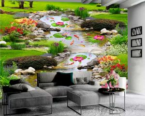 Mural Mural 3D Wallpaper Flores Jardim Correndo Água Pequeno Peixe Creek Romântico Cenário Decoração Sala de estar Sala de estar