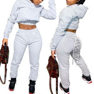 Tracksuits das mulheres outono primavera de manga comprida hoodies colheita superior quadril lace-up corredores calças fêmea roupa cor sólida dois pedaços conjunto