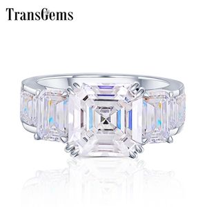 TransGems Solid 18K White Gold 10mm Asscher Cut GH Color Moissanite Engagement Ring for Women with Emerald Cut Accents Y200620