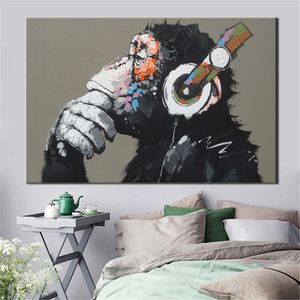 Grande imagem animal foto impressa pintura moderna engraçado pensamento macaco com cartaz de arte de parede de fone de ouvido para a decoração da sala de estar Y200102