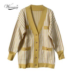 Casual Long Striked Pink Cardigan Kvinna Höst Vinter Drop Shoulder Sweater Coat Basic Button Women's Houndstooth Tops C-308 211221