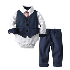 Bébé garçon cravate vêtements formels gilet barboteuse costume pour 9 24 mois bébé chapeau costumes blanc rouge fête anniversaire enfant gentleman vêtements LJ201023