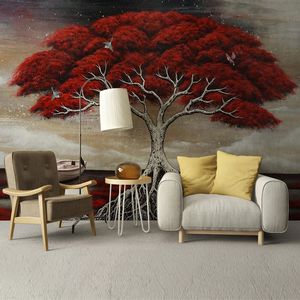 Custom Mural Creative 3D Stereoscopic Hand Painted Oil Painting Red Big Tree Living Room Decoration Wallpaper For Bedroom Walls