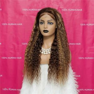T部品ハイライトインドの人間の髪のかつらを飾るGlueless 30Inches Kinky Curly Full Lace Wigs for Black Women 360 Laces Frontal Ombre Wig