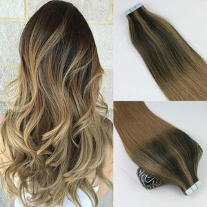 Tapeta 100 Sztuk 100 Sztuk w Ludzkich Przedłużenia Włosów Balayage Ombre Kolor Brązowy Brazylijski Dziewiczy Włosy Bezproblemowa Pu Skóra Wątek 100g