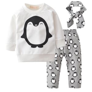 Newborn Infant Baby Girl Clothes Set Long Sleeve Cartoon Penguin Tops Pants Headband Winter Suit Outfits Clothing Cotton LJ201223