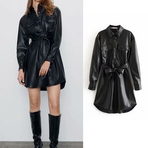 ZA 2020 PU 가죽 드레스 포켓 패션 긴 소매 검은 드레스 벨트가있는 칼라 하이 허리를 켜고 Vestido Mujer Y0118