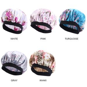 15 Colors Wide Brimmed Satin Nightcap Printing Bonnet For Beautiful Hair Large Size Wear Round Sleep Hat