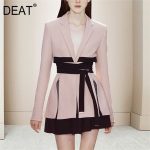[DEAT] 2020 New Women's Blazer Two Piece Set Drawstring Lacing Full Sleeve Deep V Collar Slim Fit Office Lady Design Cloth AR420 LJ200907