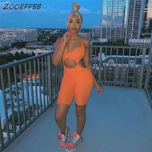 ZOOEFFBB Sexy Knit Hollow Out Bodycon Playsuit Summer Body Clothes One Piece Club Outfit Pagliaccetti Donna Tuta Biker Shorts T200701