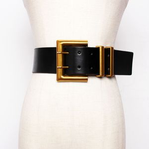 Fashion Women Wide Belt Gold Big Mental Double Pin Buckle Female Black PU Leather Belts Dress Coat Waist Corset Strap