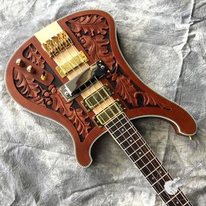 Niestandardowe 4 struny cięte rzeźbione gitara elektryczna szyja basowa ciało mahoniowy body złoto sprzęt czarny odbiór
