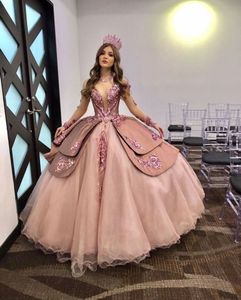 Abiti da quinceanera scintillanti con spalle scoperte Prom Tiered Train Appliqued Pattern Paillettes Pizzo Princess Girls Sweet 15 16 Abito Brithday Party Gown