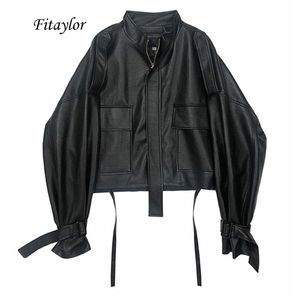 Fitaylor 2020 New Outono Mulheres Faux Macio PU Motocicleta Casaco de Couro Casual Solto Preto Faux Leather Punk Zipper Overcoat LJ201012