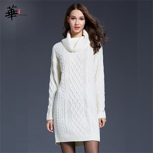 Abito invernale da donna Abiti a maniche lunghe lavorati a maglia per donna Femme Robe Donna Pullover dolcevita Abito bianco taglie forti 201028