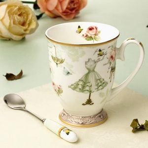 Creative 330ml Flower Green Dress Painting Creamic Milk Mug Coffee Cup Afternoon Tea Cup with Lids and Spoon Birthday Gift T200506