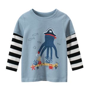 Spring Autumn New Fashion Boy Cartoon Octopus Long Sleeve Blue T Shirt Kids Pure Cotton Thin Style Pullover Tops Tee For 2-7Y Y0121