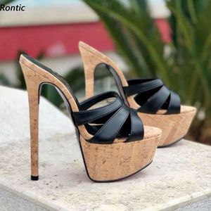 Rontic Damen Slingback-Sandalen, Hausschuhe, Korkmuster, sexy Stiletto-Absatz, offene Spitze, elegante schwarze Partyschuhe, Damen, US-Größe 5–20