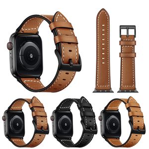 Pulseiras de relógio de couro de vaca de grão genuíno para Apple iWatch Series 1 2 3 4 5 6 7 8 SE Pulseira de substituição de relógio inteligente 40 mm 44 mm 45 mm 49 mm