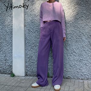 Фиолетовые широкие брюки ноги Женщины плюс размер S-5XL черные брюки офисные костюм брюки брюки уличная одежда прямая хараджуку формальная высокая талия бронги 20111