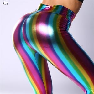 Damskie Hologram Metallic Rainbow Legginsy Glitter Neon Stripes Drukowane spodnie wysokiej talii Faux Leather Party Clubwear 211221