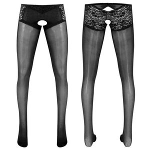 Men's Socks Sissy Men Lace Top Sheer Crotchless Glossy Pantyhose Tights Stockings Long Pants Lingerie Underwear Hosiery Plus Size