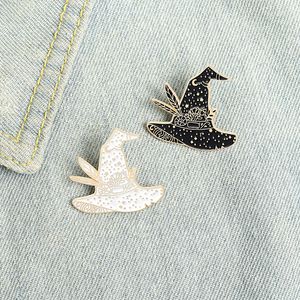 Witch Magic Hats Enamel Pins Black White Halloween Unique Design Feather Starry Sky Flowers Brooches Gift For Party Dercoration Clothes