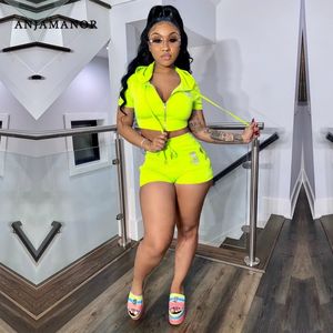 Anjamanor Diamonds Letter Neon Sexy Shorts Crop Top Two Piece Set Summer TrackSuit 2 Piece Sets Womens Club Outfits D89-AF08 T200622