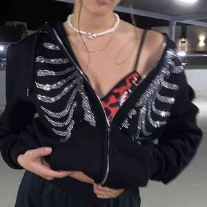 Zip Up Gotik Siyah Hoodies Y2K Rhinestone Streetwear Kadınlar Sonbahar Kış Boy Tişörtü Retro Grunge Punk Kapüşonlu Ceket