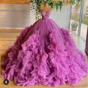 2021 Red Carpet Formal Evening Gowns Custom Made Tulle Ruffles Sweetheart Prom Dress Plus Size Beaded Robe De Soiree