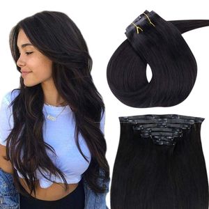 Bezszwowe rozszerzenia włosów Klips w ludzkich włosach # 1b Naturalny czarny kolor Invisible Clip in Extensions Full Head 120g / 8szt