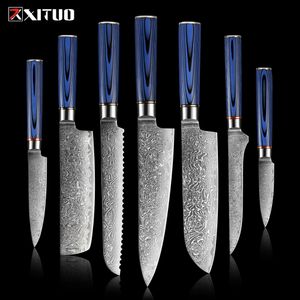 Xituo vg10 damasco aço cozinha conjunto 1-7pcs luxo azul g10 punho afiado Damasco chef faca cutelo santoku faca