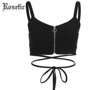 Rosetic Gothic Sexy Bandage Crop Top Slim Schwarz Reißverschluss Spaghetti Strap Lace-Up Club Street Cool Dark Sommer Frauen Kurze Tank Top Y200701