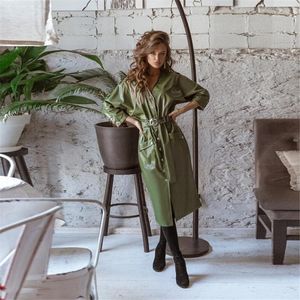 Casual Dresses Autumn Women Solid High Waist Leather PU Dress Loose Long Sleeve V-Neck Single-Breasted With Belt Black/Brown/Army Green1