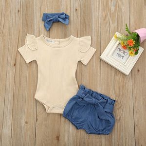 Neugeborene Baby Mädchen Outfits Kleidung Baumwolle Voll Body Overall + Denim Shorts + Stirnband Süße Set Sommer LJ201223
