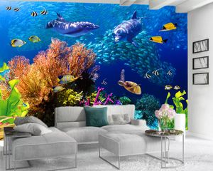 Modern Mural 3d Wallpaper Dreamy Undersea Dolphins and Fishes Living Room Bedroom Background Wall Decorative 3d Mural Wallpaper