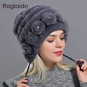 Kvinnors hatt vinter varma kanin päls hattar med pärlor mode randig unik design naturlig pälsbombare hattar kvinnliga kulkapslar y200103