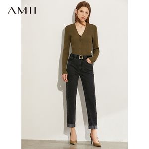 Amii minimalismo verão outono moda mulheres jeans cintura altamente preto cintura reta ankel-comprimento jeans 12040026 201105