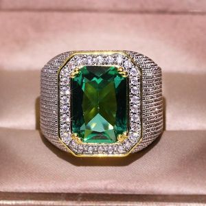 Cluster Rings 14K Yellow Gold Color Ring For Men Pure Natural Emerald Gemstone Bizuteria Jewelry Invisible Setting Square