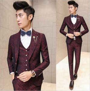 Men's Suits & Blazers Wholesale- Fashion Brand 2021 Men's Casual High Quality Jacquard Weave Suit Male Slim Korea Style Blazer Vest And