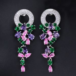 Длинные дизайнерские серьги AAA Cubic Zirconia Гирлянда Очарование Свадебные Серьги Ювелирные Изделия Белый Красочный CZ Медь 18K Золотая Серебряная Роскошная Мода Серьги Партия для женщин Подарок