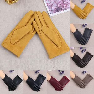 Five Fingers Gloves Solid Color Suede Leather Glove PU Plush Lined Touch Screen Women Thickened Driving Keep Warm Full Fingers1