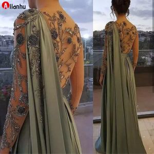 NEW! Arabic One Shoulder Olive Green Muslim Evening Dress with Cape Long Sleeves Dubai Women Prom Party Gowns Dresses Elegant Plus Size