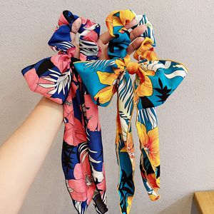 New Women Elegant Ethnic Style Print Bow Ribbon Scrunchie Lady Sweet Ponytail Holder Elastic Hair Bands Fashion Hair Accessories